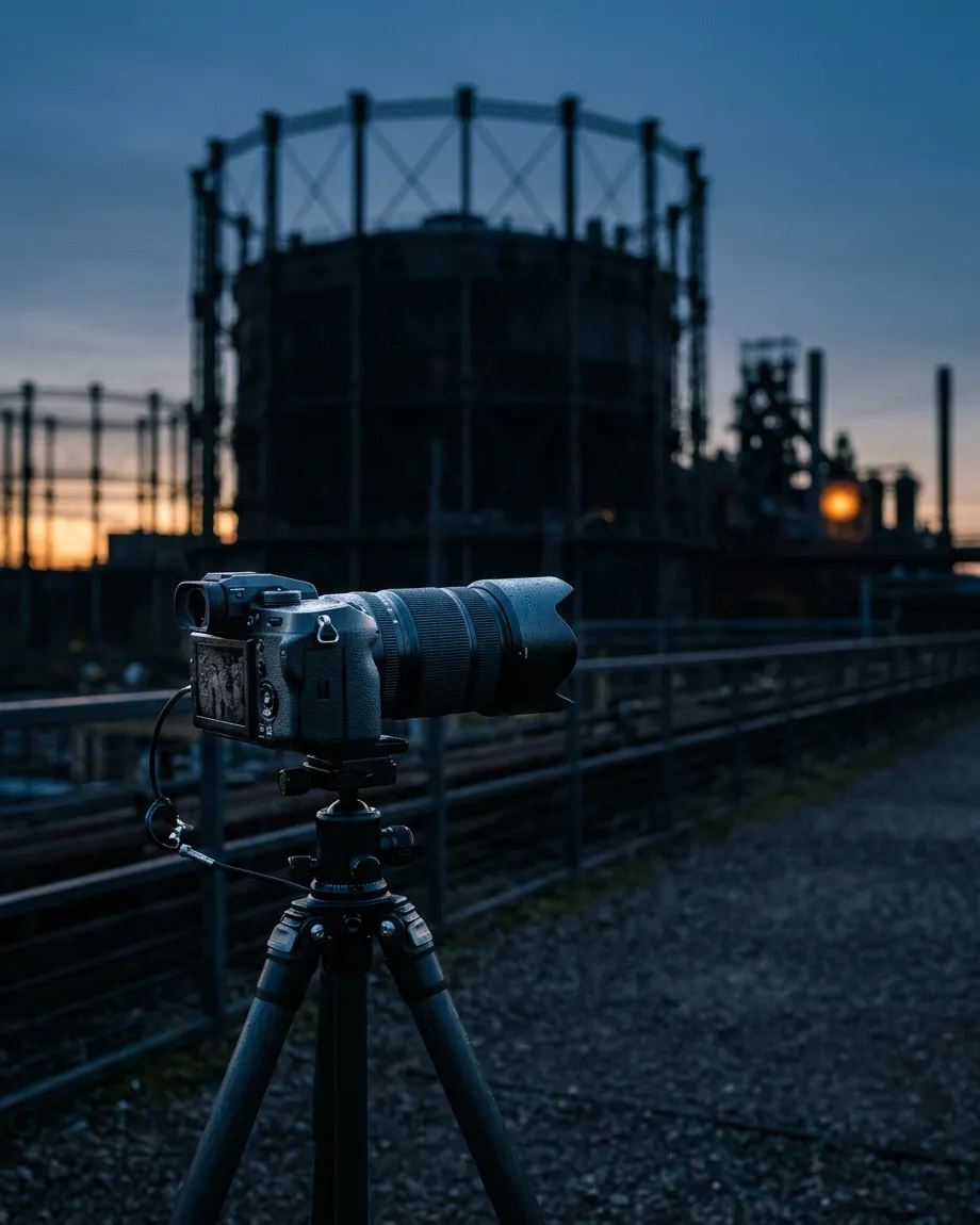 Kamera auf einem Stativ zur blauen Stunde vor einem Gasometer