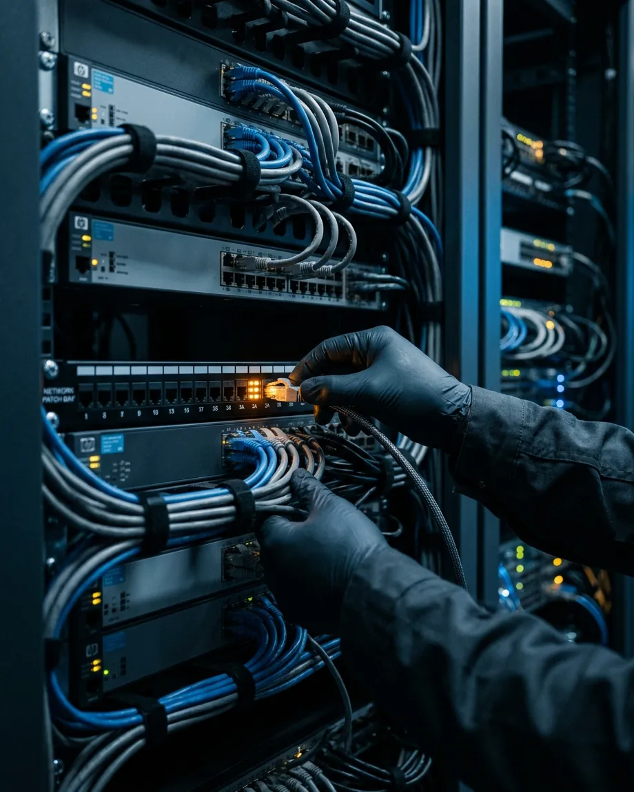Hände eines Technikers stecken Netzwerkkabel in einen Serverschrank
